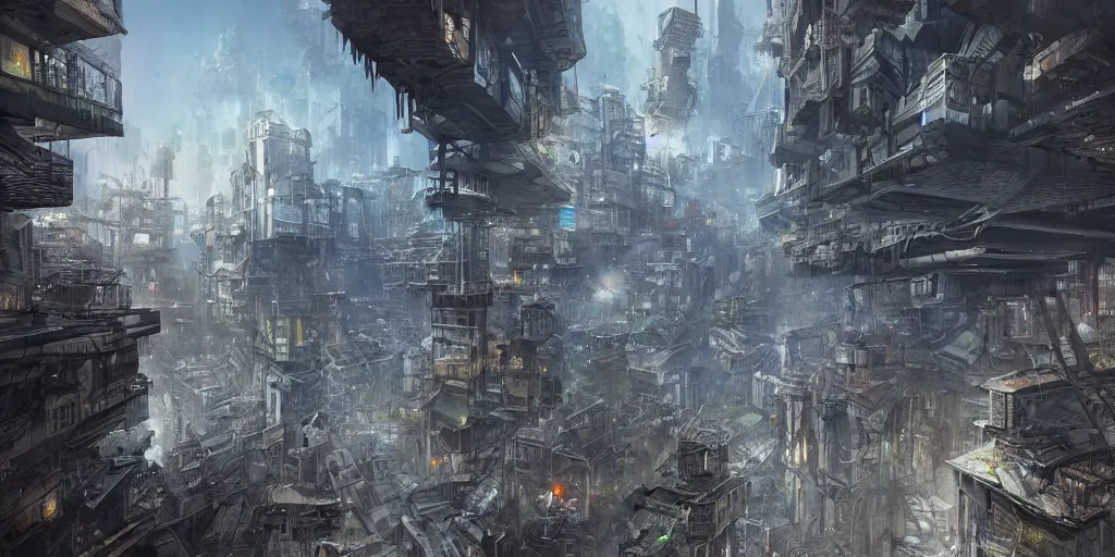 Prompt: slums below a megastructure city, megacity, sci-fi, matte painting, concept art, style by dylan cole