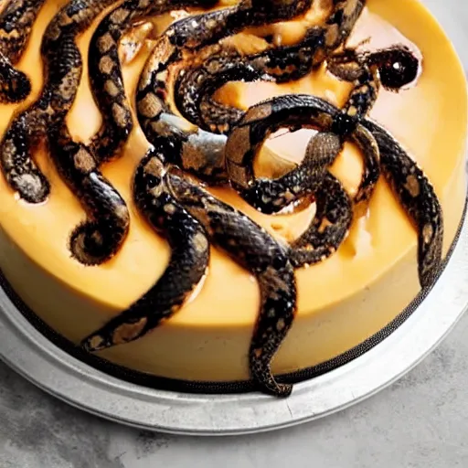 Image similar to close view of a delicious sweet and perfect snake cheesecake piece, snake pieces on top, snake slices on top, snake head, award winning, 4 k, beautiful