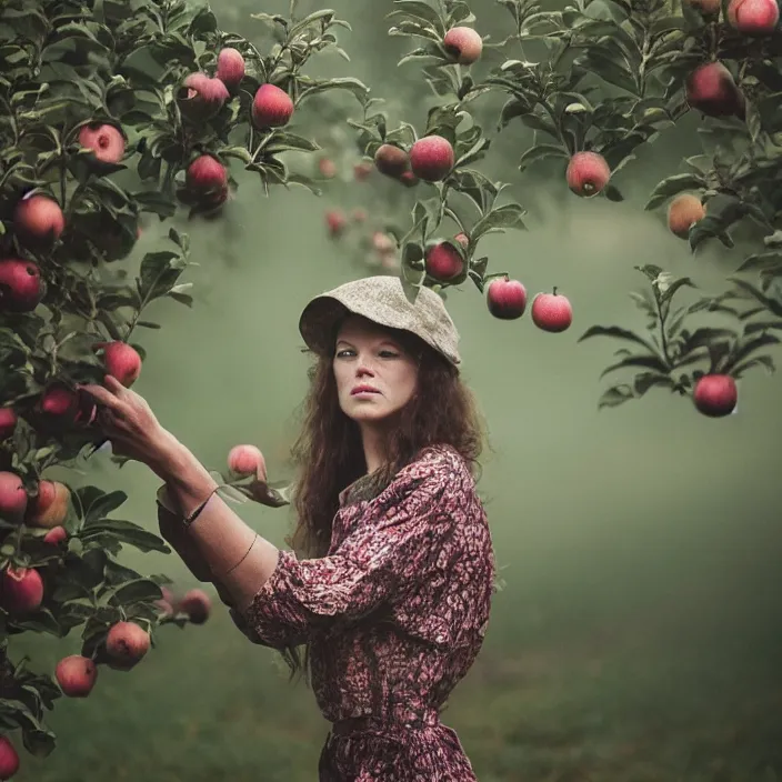 Image similar to a closeup portrait of a woman wearing spiderwebs, picking apples from a tree in an orchard, foggy, moody, photograph, by vincent desiderio, canon eos c 3 0 0, ƒ 1. 8, 3 5 mm, 8 k, medium - format print