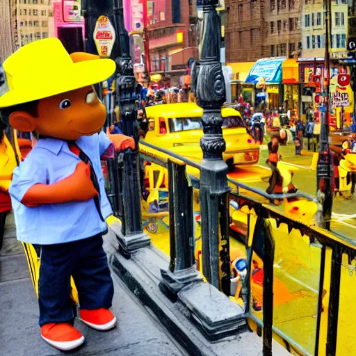 Image similar to curious. like curious george. swang. curious george man in the yellow hat. the curious monkey in new york city.