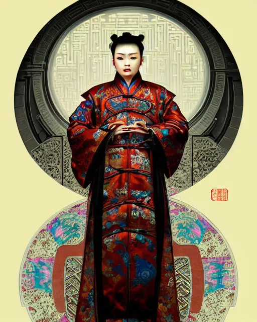 Image similar to portrait of a chinese cyberpunk machine, machine face, robed, upper half portrait, decorated with chinese opera motifs, regal, asian, fine china, wuxia, traditional chinese art intricate intense elegant 京 剧 highly detailed digital painting artstation concept art smooth sharp focus illustration, art by artgerm and greg rutkowski alphonse mucha 8 k