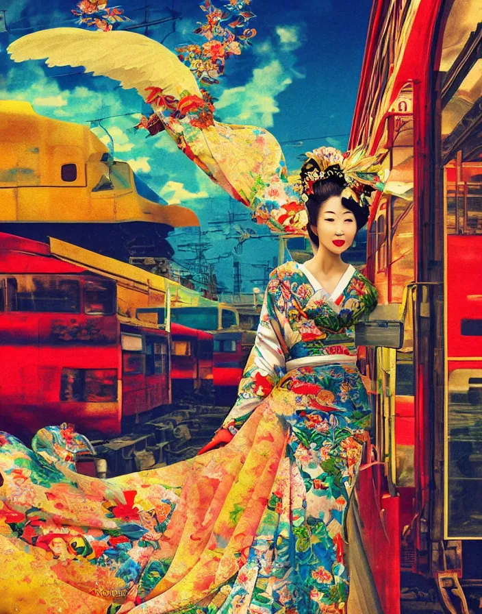 Image similar to semi semi realistic digital painting!! beautiful geisha flying over a colorful train yard, dramatic, xray melting colors!! long lens, shallow depth of field, bokeh, 8 k, 3 5 mm film grain