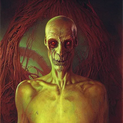 Image similar to portrait of crazed zealot by gerald brom, background by zadzislaw beksinski