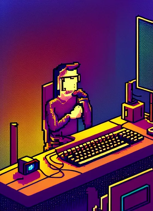 Prompt: discord user furious typing at the keyboard of his computer in the dark of night, beautiful detailed pixelart by albertov, intricate details, beautiful, dithered gradients, volumetric lighting, cgsociety, artstation, smooth, sharp focus, 2 d illustration, amazing art by dan mumford