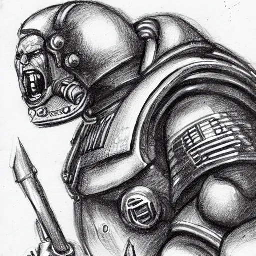 Prompt: an angry looking space marine sits in a pub drinking beer, sketchbook, pencil, thin strokes, highly detailed