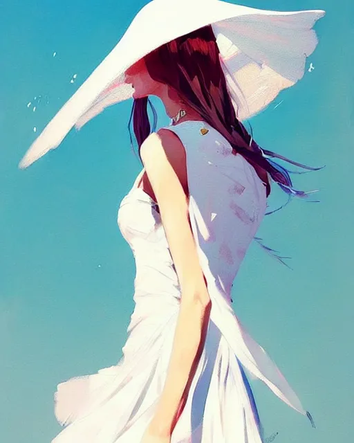 Image similar to a ultradetailed beautiful painting of a stylish woman wearing a white dress with a sun hat, by conrad roset, greg rutkowski and makoto shinkai trending on artstation