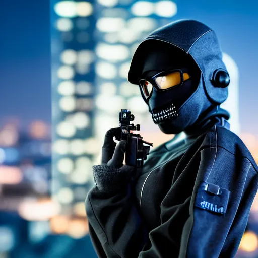 Image similar to photographic portrait of a techwear woman presenting a bullet, closeup, on the rooftop of a futuristic city at night, sigma 85mm f/1.4, 4k, depth of field, high resolution, full color, award winning photography