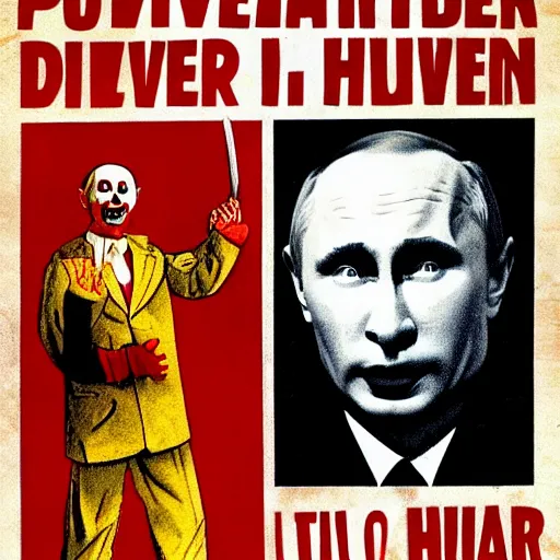 Prompt: Putin is serial killer devil in vintage horror movie poster of Putin is clown