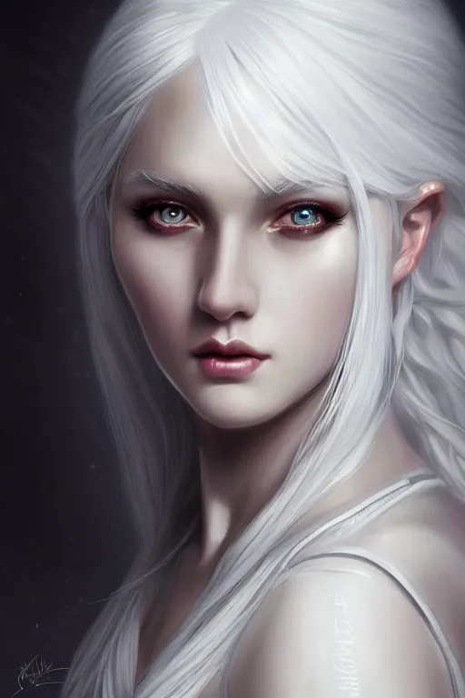 Image similar to a beautiful white haired goddess girl, fantasy, portrait, sharp focus, intricate, elegant, digital painting, artgerm, matte, highly detailed, concept art, illustration, ambient lighting