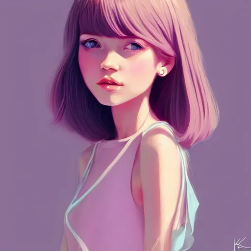 Prompt: young female in summer dress art, pastel light pink long hair, muted colors, matte print, pastel colors, ornate, digital art, digital painting, fan art, elegant, artstation, head is centered, by Ilya Kuvshinov