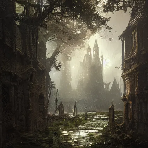 Image similar to portrait of a medieval castle in the rainforrest by Cedric Peyravernay, highly detailed, excellent composition, cinematic concept art, dramatic lighting