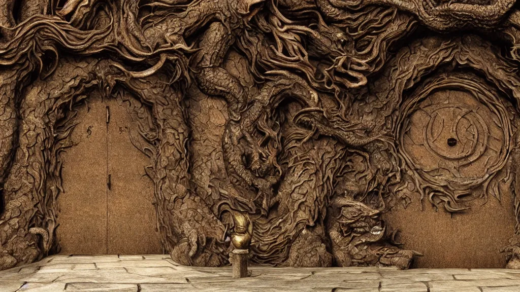 Prompt: High-definition photograph of a dragon monster guarding the entrance to a labyrinth, the walls are made of a brown stone, dark atmosphere