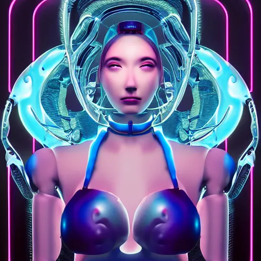 Image similar to an extremely beautiful biomechanical female robot with large emoji, twins, neon jacuzzi, oppai cyberpunk, chimeric organism, pale skin, organic polycarbon, full frontal portrait, highly detailed, transhumanist hydration, light bath, symmetrical, goddess, mendelbrot fractal, ray tracing, hyperdetailed, hyperrealistic, trending on artstation, octane render, hdr, uhd, in the style of trevor brown 4k