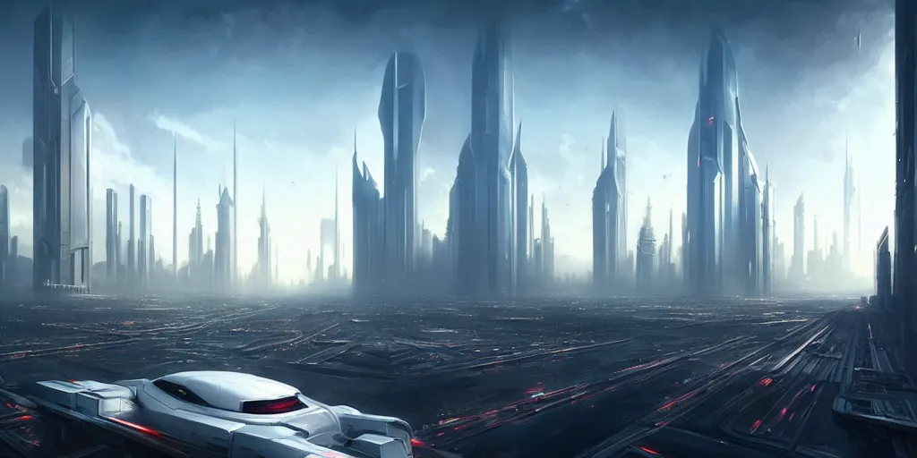 Prompt: utopian city, daytime, clear skies, giant white skyscrapers in the distance, flying cars, ultra high definition, ultra detailed, symmetry, sci - fi, dark fantasy, by greg rutkowski and ross tran