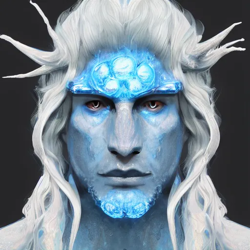 Prompt: A water genasi cleric with wavy white hair and blue skin praying to his god wearing turtle armor, illustration, artstation, highly detailed, 4k