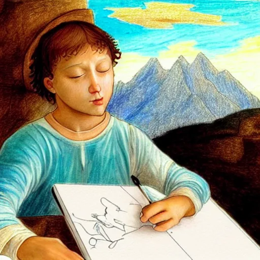 Image similar to brunette boy with his eyes closed, drawing sketches on his notebook, colorful painting, elegant, clear, in the style of leonardo da vinci, mountains in the background, masterpiece,