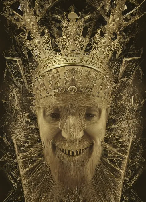 Prompt: portrait of king arthur knight with a crown with engravings, studio portrait against a black background, modern fine art, fractal, intricate, elegant, highly detailed, digital photography, subsurface scattering, in the style of ghost, by jheronimus bosch and yue minjun and giger and greg rutkowski,