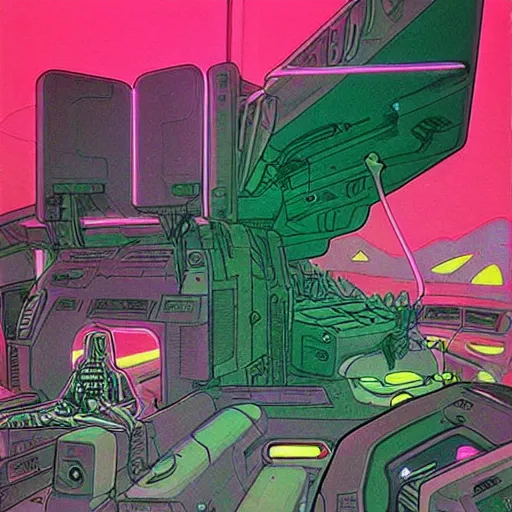Image similar to feeling sick in the boost mobile neon nightmare realm as painted by Moebius and Ralph McQuarrie”
