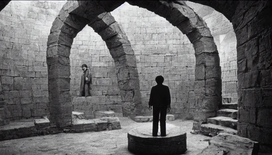 Prompt: 1 9 7 0 s andrei tarkovsky movie still of a man in red drapery in a spiral building with columns and esoterical pyramids, by piranesi, panoramic, ultra wide lens, cinematic light, anamorphic