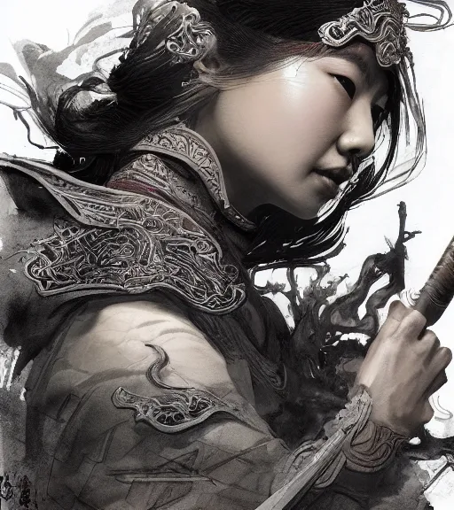 Image similar to hua mulan, pen and ink, intricate line drawings, by craig mullins, ruan jia, kentaro miura, greg rutkowski, loundraw