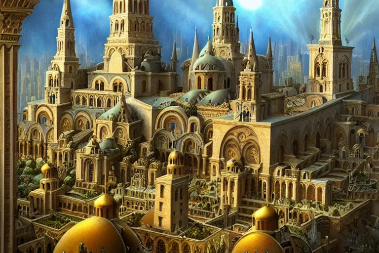 Image similar to a beautiful stunning insanely detailed fantasy matte painting of a byzantine cathedral city buzzing with activity and magical creatures by Heironymous Bosch and Jim Burns and James Gurney