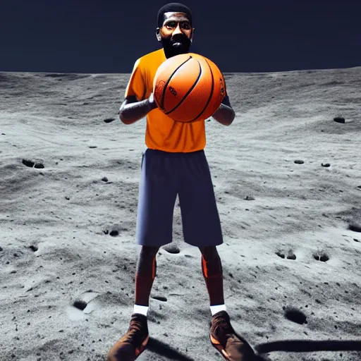 Prompt: Kyrie Irving standing on the moon holding a flat basketball, 4k, ultra realistic, trending on artstation, masterpiece