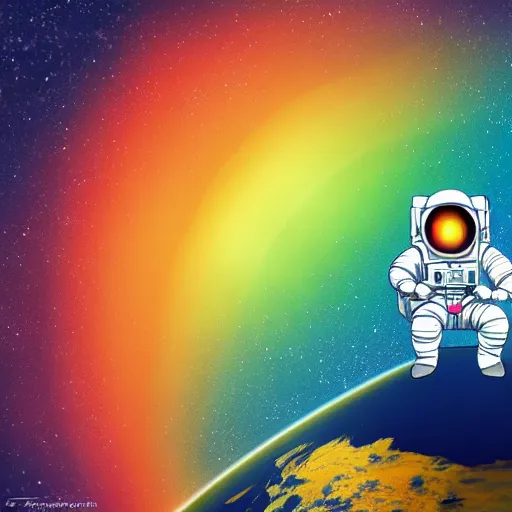 Prompt: an astronaut on the moon with a rainbow in the sky, 4k, digital art, vibrant colours