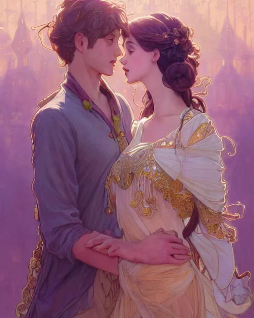 Image similar to secret romance, highly detailed,, gold filigree, romantic storybook fantasy, soft cinematic lighting, award, disney concept art watercolor illustration by mandy jurgens and alphonse mucha and alena aenami, pastel color palette, featured on artstation