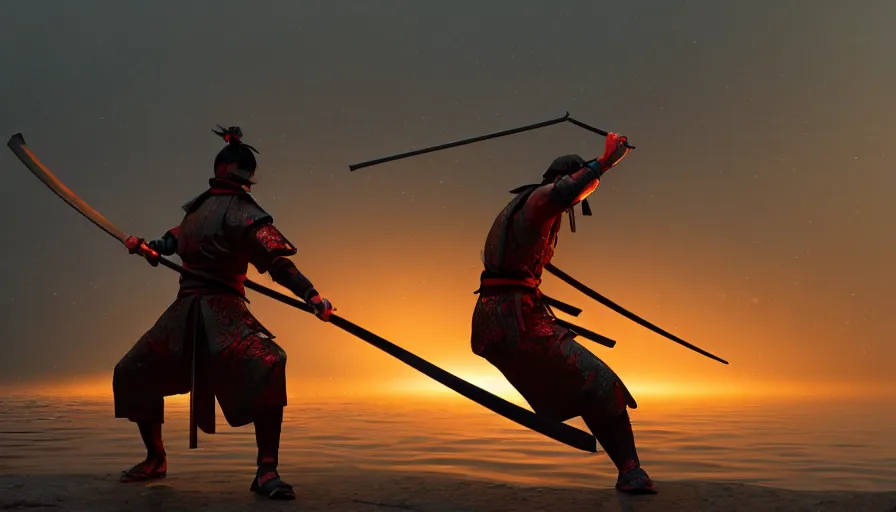 Image similar to Digital Art of A Samurai! Ninja! in Action Pose, standing in a glowing lake while it rains, Concept Art, highly detailed, Artstation, 8k, Raytracing, Unreal Engine 5