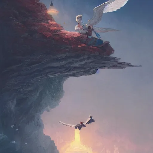 Image similar to angel protecting man falling from a cliff, detailed intricate ink illustration, happy atmosphere, detailed illustration, hd, 4k, digital art, overdetailed art, by greg rutkowski, by loish, complementing colors, Trending on artstation, movie poster style