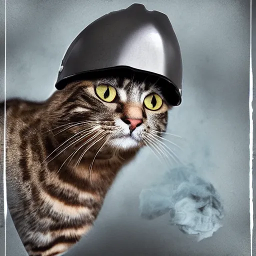 Prompt: photorealistic photo of a cat wearing a military helmet in a war zone, smoke