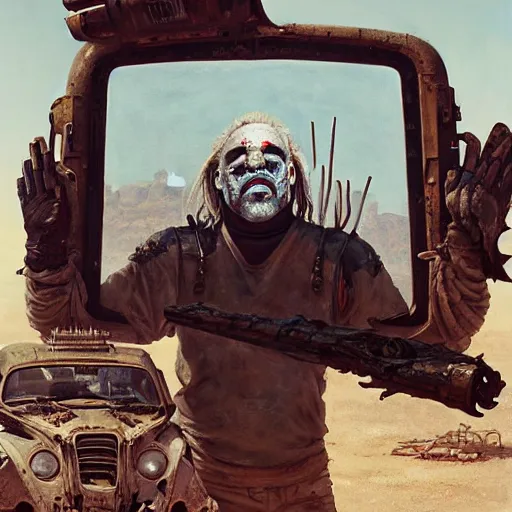 Image similar to Portrait of Immortan Joe by Greg Rutkowski. He is making an announcement from his war rig in the desert by Mark Arian. It is bright and desolate and rusty by H.R. Giger. soft render, octane, highly detailed painting by Moebius. artstation Blank Canvas Scene by Tetsuya Nomura.