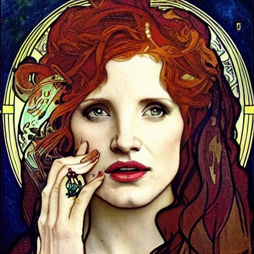 Image similar to jessica chastain portrait by louis - theophile hingre and alphonse mucha, realistic, sharp focus, zodiac signs, tarot cards, planets, ethereal, art nouveau, magic, moon, sun, crown, dreamy, royal, jewellery