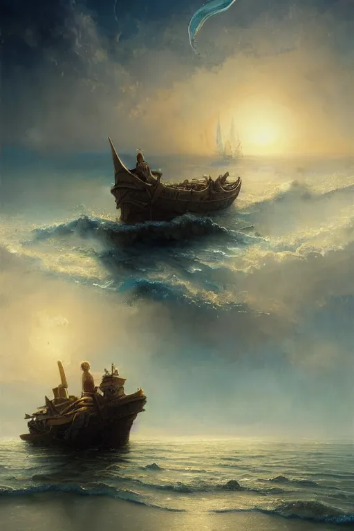 Image similar to breathtaking detailed soft painting of a drunken ship with mystical horrors and sun lichen, bathing in dreaming lactescent sea, alcohol with blue delirium skies, elegant, highly detailed, artstation, concept art, matte, sharp focus, art by tom bagshaw, and greg rutkowski