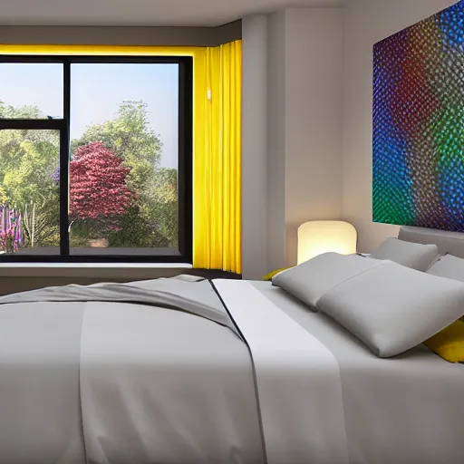 Image similar to govee led strip lighting in bedroom, scene, colourful, 8 k, unreal engine, realistic, house and home,