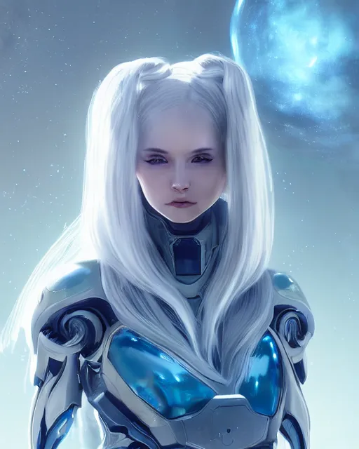 Image similar to perfect android girl on a mothership, warframe armor, beautiful face, scifi, futuristic, galaxy, nebula, raytracing, dreamy, long white hair, blue cyborg eyes, sharp focus, cinematic lighting, highly detailed, artstation, divine, by gauthier leblanc, kazuya takahashi, huifeng huang