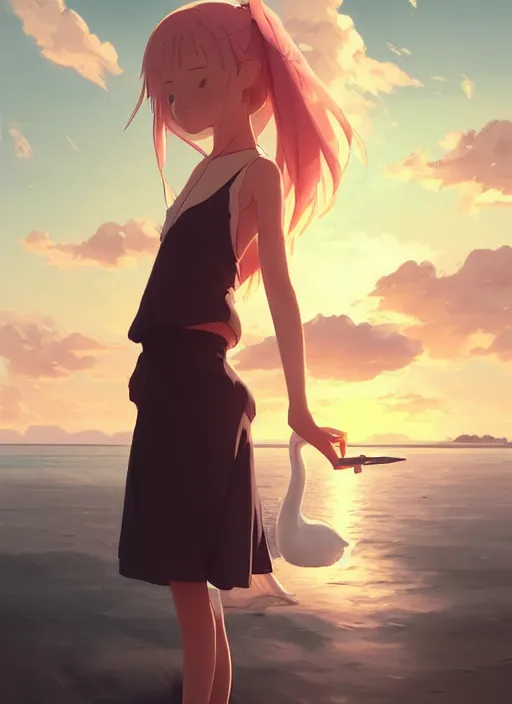 Prompt: portrait of cute girl hugging a swan, sunset sky in background, beach landscape, illustration concept art anime key visual trending pixiv fanbox by wlop and greg rutkowski and makoto shinkai and studio ghibli and kyoto animation, futuristic wheelchair, symmetrical facial features, future clothing, backlit