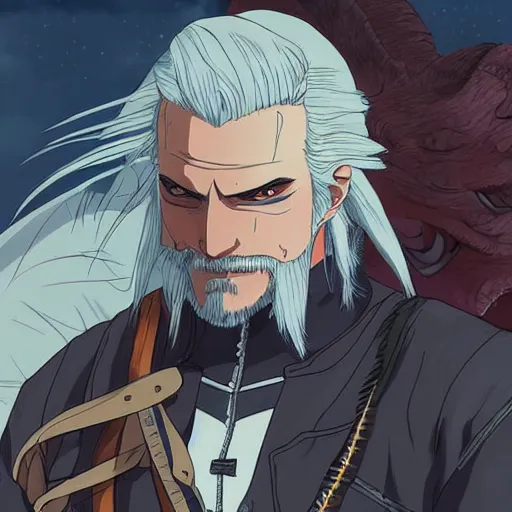 Image similar to well drawn illustartion of Anime geralt of rivia examining a sleeping dragon wide angle sharp fine details in the style of studio ghibli realistic shaded lighting