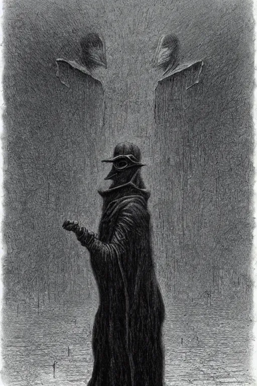 Image similar to plague doctor from iron gridle but human form, destroyed city and flames by zdzislaw beksinski, color