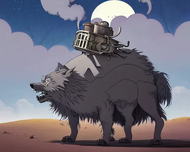 Prompt: a cell shaded cartoon grey lovecraftian mechanized wolf from howl's moving castle ( 2 0 0 4 ), with a big head, on a desert road, wide shot, in front of a big moon, muted colors, post grunge, josan gonzales, wlop, by james jean, victor ngai, hq, deviantart, art by artgem