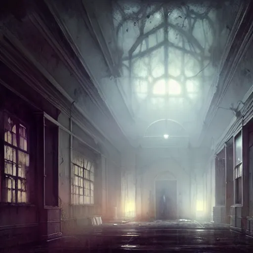 Image similar to psychiatric hospital asylum, horror scene, eerie atmosphere, by greg rutkowski and gaston bussiere, fluorescent lighting, beautiful volumetric - lighting - style atmosphere, futuristic atmosphere, intricate, detailed, photorealistic imagery, artstation