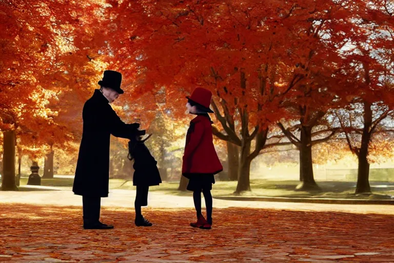 Prompt: a thin man in a black coat and bowler hat talks with small young girl who is dressed in a red coat and a red hat, park, autumn, 1923, wide angle, high detail, By Makoto Shinkai, Stanley Artgerm Lau, WLOP, Rossdraws, James Jean, Andrei Riabovitchev, Marc Simonetti, krenz cushart, Sakimichan, D&D trending on ArtStation, digital art,