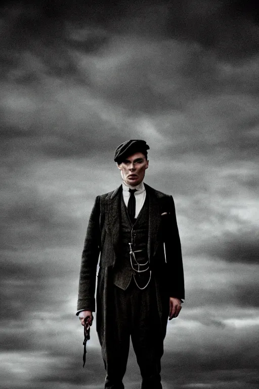 Image similar to Full-body portrait of Cillian Murphy in Peaky Blinders standing, arms crossed on chest, dramatic, gloomy, dark, bleak, cheerless, desolate, impressive, tragic, cinematic, dull colors, atmospheric