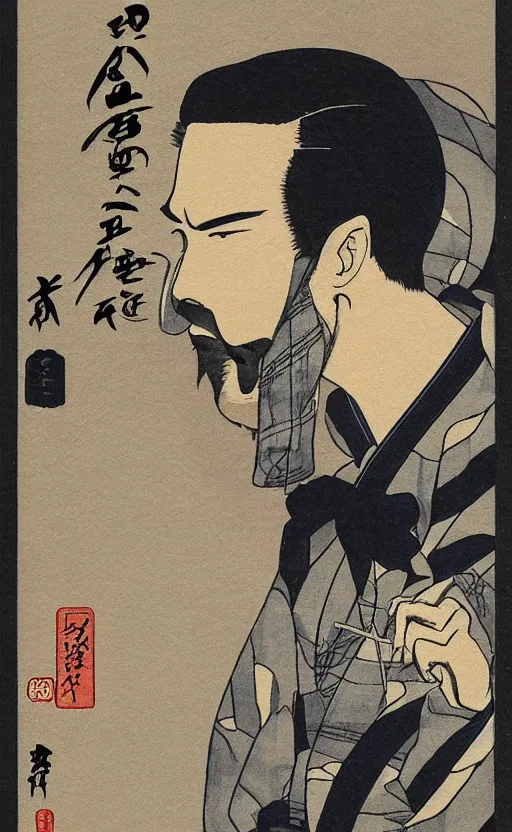 Image similar to by akio watanabe, manga art, alone male calligrapher inside modern japanese room, trading card front, realistic anatomy