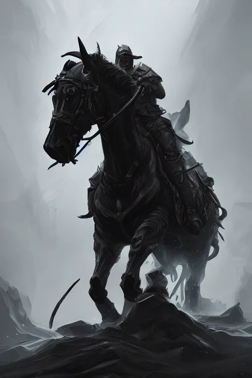 Image similar to a portrait of the horseman of the apocalypse, conquest, grim - lighting, high - contrast, intricate, elegant, highly detailed, digital painting, artstation, concept art, smooth, sharp focus, illustration