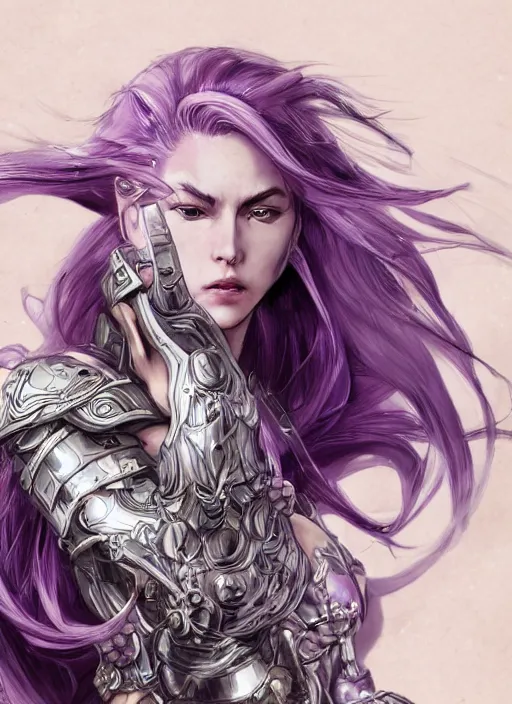 Image similar to close up portrait of a pale woman in amethyst bionic armor with purple hair, powerful, domineering, stoic, masterful, intense, ultrafine hyperdetailed illustration by kim jung gi, irakli nadar, intricate linework, sharp focus, octopath traveler, yoji shinkawa, highly rendered, detailed, concept art