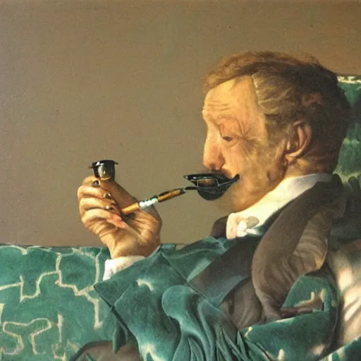 Image similar to portrait of an owl man sitting on a couch smoking a pipe, realistic masterpiece