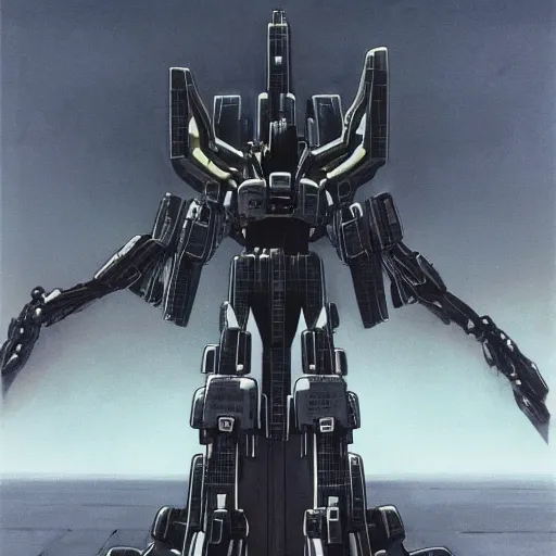 Prompt: a sleek, slender, futuristic symmetrical mecha, defending the vast looming city, designed by hideaki anno, drawn by tsutomu nihei, and painted by zdzislaw beksinski