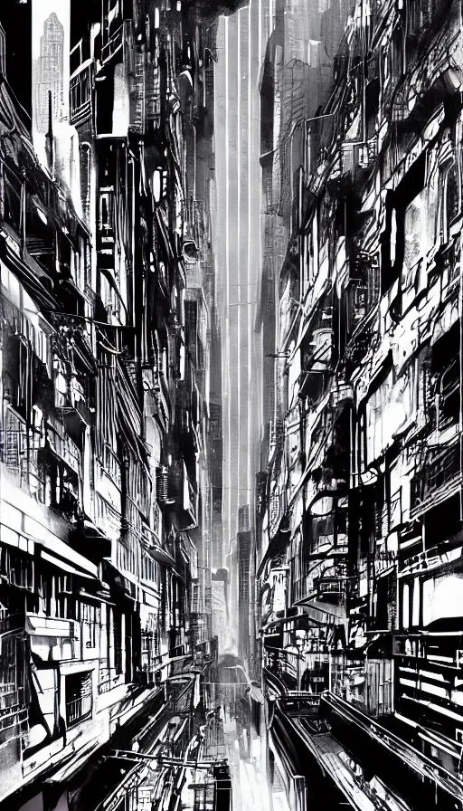 Prompt: blade runner style dystopian mega city street, lower levels with towering buildings reaching up to the clouds, viewed from street level looking up at neon sci - fi signs and lights, matt cook illustrator war artist, syd mead concept art, doug chiang concept drawings, ink drawing, ink illustration, colour ink with dark contrasted shadows, pink green and blue lights