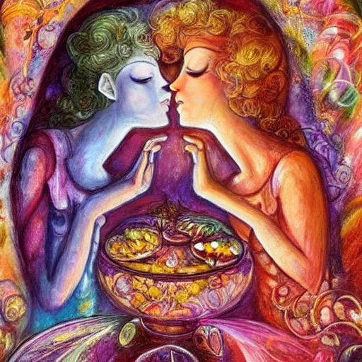 Image similar to ⛪ abstract figurative art, lovers eat, josephine wall, dreamy, muted, pastel colors